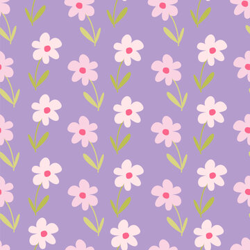 Cute lovely hand drawn pink daisy flowers seamless vector pattern illustration on purple background	