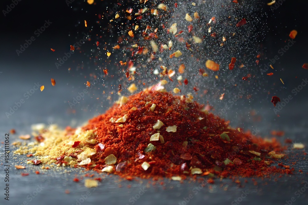 Poster Vibrant spices create a colorful display on a dark surface during culinary preparation
