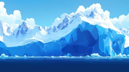Majestic icy mountain landscape with vibrant blue hues reflecting in calm waters under a clear sky