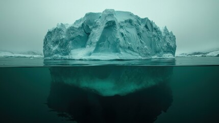 Majestic iceberg floating in calm waters, reflecting its beauty, surrounded by foggy Arctic landscape