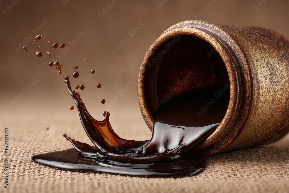 Poster Liquid chocolate spills from a rustic jar onto a textured surface in a warm, inviting setting