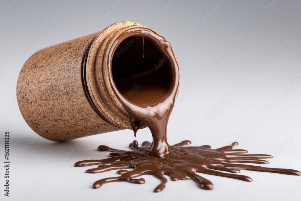 Poster liquid chocolate pouring from a container on a smooth surface at an art studio