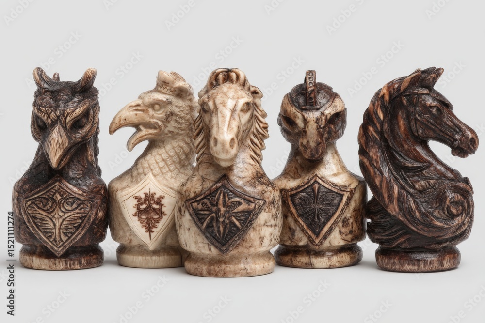 Poster unique carved chess pieces featuring various mythical creatures in detailed designs on a neutral bac