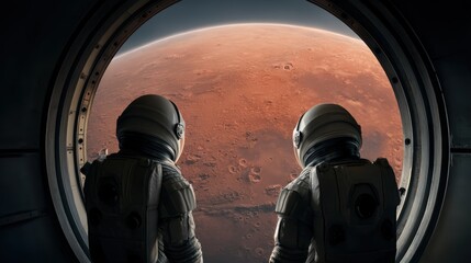 artistic professional photo of astronauts gazing at Mars through large spacecraft window, perfect lighting, realistic and cinematic style