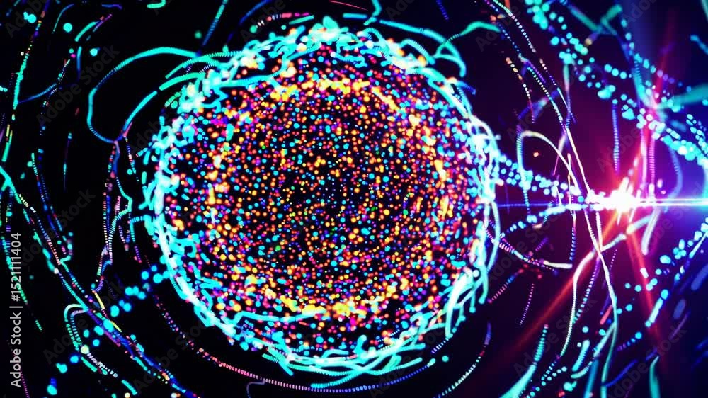 Poster bright multicolored particles swirling around a central sphere emitting colorful light beams on a da