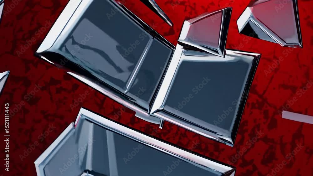 Poster metallic geometric cubes with beveled edges rotating against vibrant red textured surface, generatin