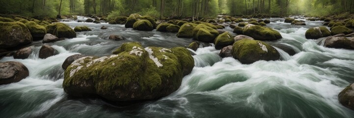 River Rapids Mossy Rocks and Whitewater Scene