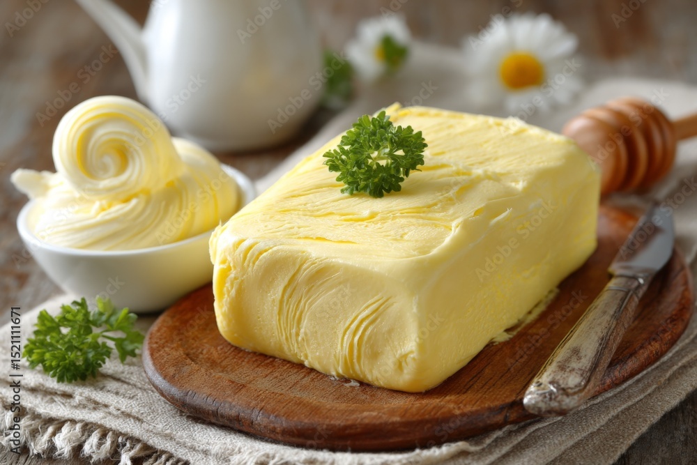 Aufkleber freshly churned butter with herbs and honey on a wooden board in a rustic kitchen setting