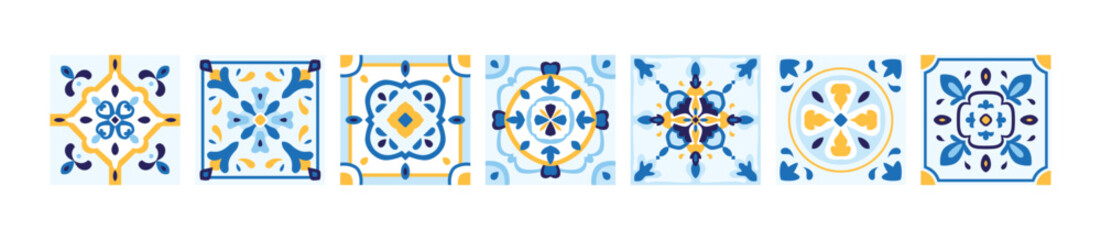 Ceramic tiles set. Majolica prints in light blue and yellow colors. Mediterranean decor, kitchen, floor designs. Isolated vector illustration. Geometric pattern. Patchwork background.
