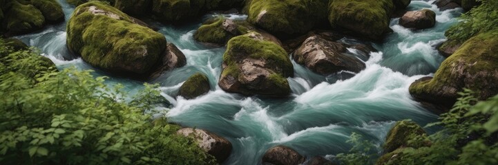 Fototapeta premium River Scene Lush Greenery and Cascading Water