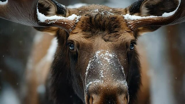 Majestic moose in snowy forest closeup with falling snowflakes