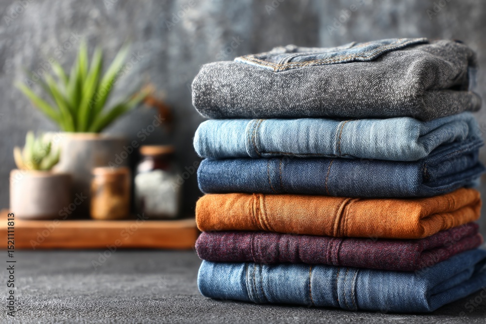 Aufkleber Casual denim stack displayed on a textured surface with greenery in a minimalist setup in natural light