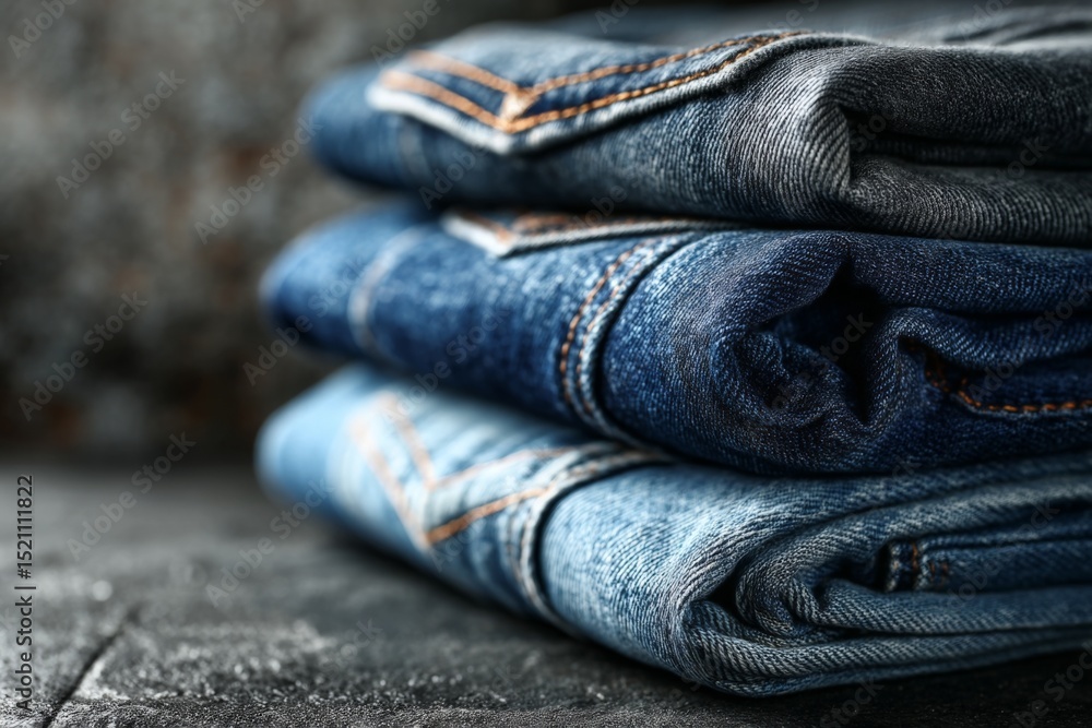 Poster folded denim jeans stacked neatly on a textured surface in a well-lit space