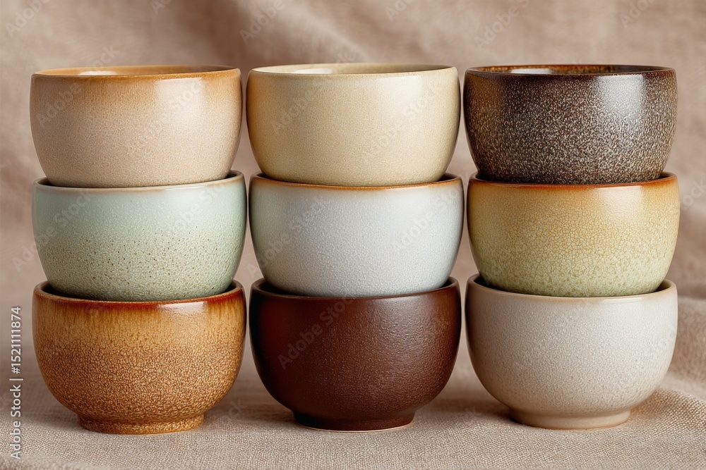 Poster ceramic bowls stacked in interchanging colors arranged neatly on a neutral background