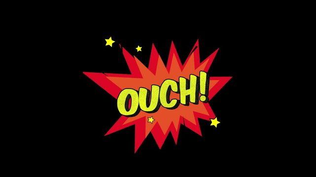 Ouch! Word Retro Cartoon Comic Bubbles Popup Style Expressions, Comic style text video animation, Ouch  comic text message animation on black and green screen screen background.4K