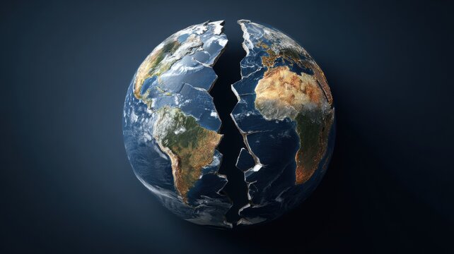 A cracked globe symbolizing environmental issues and global division.