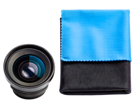 Camera lens with protective cloth for photographers on the go on a transparent background
