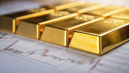 Close-up of gold bullion bars resting on a financial graph, symbolizing wealth and investment strategies in finance.