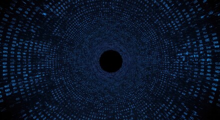 Abstract digital tunnel with blue binary codes swirling around a central black void, representing technology