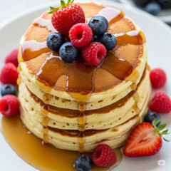 Delicious Fluffy Pancakes Stacked High with Fresh Mixed Berries and Golden Maple Syrup, Perfect for a Vibrant Breakfast or Brunch