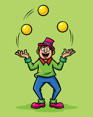 a man wearing a hat, enthusiastically juggling three yellow balls in the air, symbolizing skill and a lively performance.