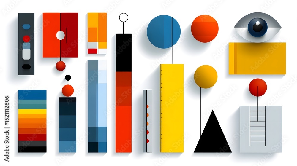 Poster stylized icons representing color theory, alignment, and composition principles