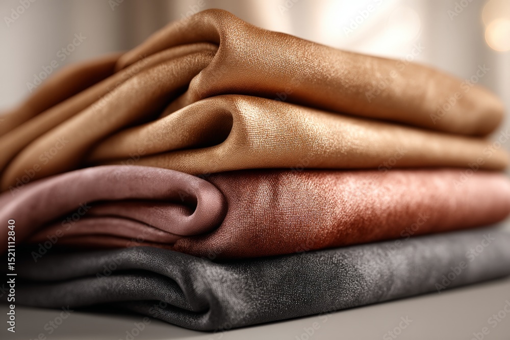 Poster richly colored, folded fabric layers displayed on a surface create an elegant ambiance in soft light