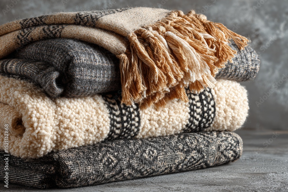 Poster Cozy wool blankets stacked artistically with intricate patterns on a textured background