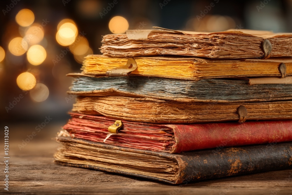 Poster old vintage books stacked on a wooden table with a warm glowing background during the evening