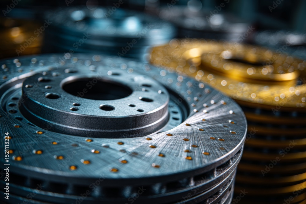 Poster Detailed view of high-performance brake discs in a mechanic workshop during the day showcasing craftsmanship and precision engineering