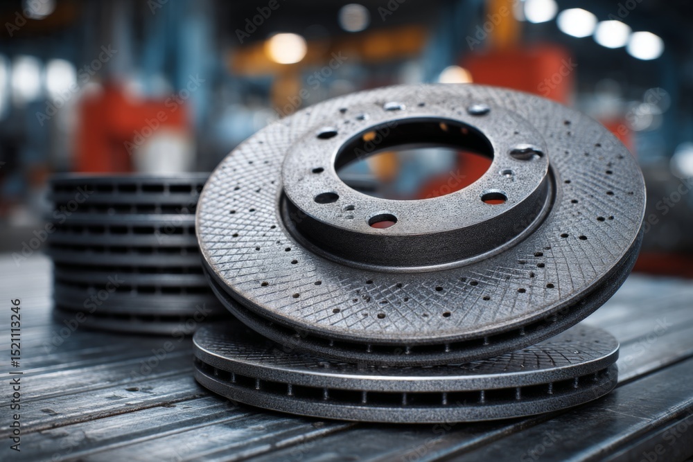 Poster brake discs stacked on a workbench in an automotive workshop during daylight hours