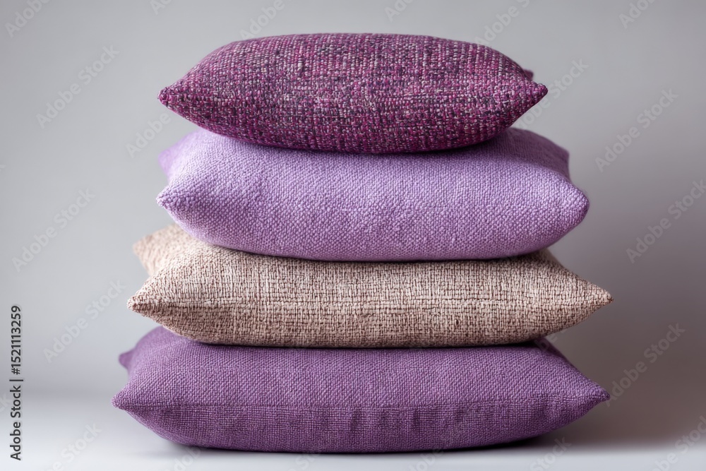 Poster soft decorative pillows stacked in harmonious colors in a minimalist setting create a cozy atmospher