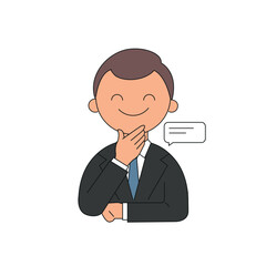 Smiling businessman character in suit thinking with hand on chin – corporate male avatar with positive expression, decision making concept – vector illustration