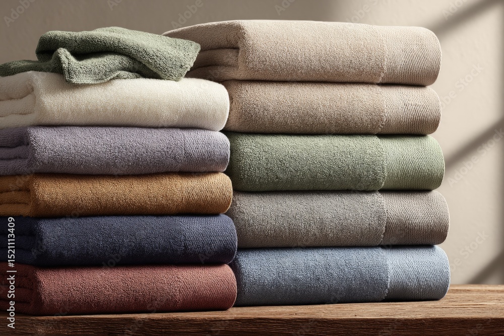 Poster soft and cozy towels neatly stacked in various colors against a warm, neutral backdrop in a cozy bat