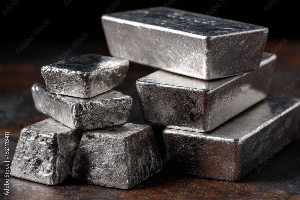 Poster silver metal bars stacked on a rustic surface showcasing texture and shine under soft lighting