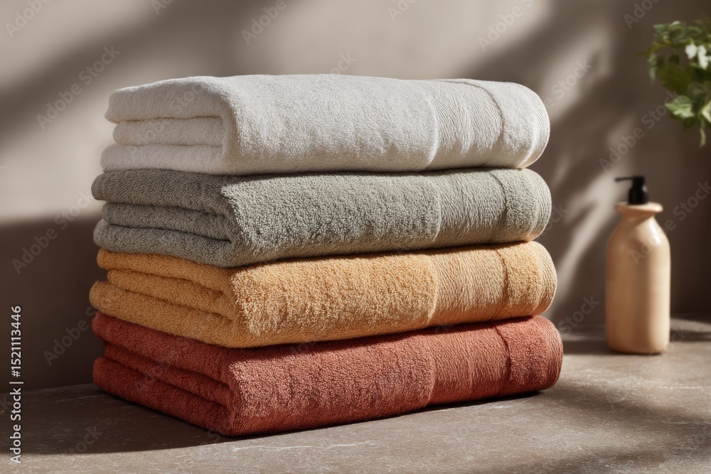 Poster soft and cozy stacked towels in warm earthy tones on a subtle surface