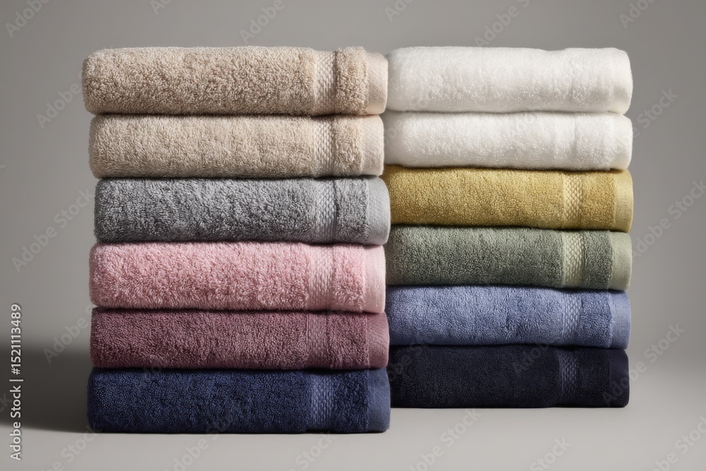 Poster Stack of various colors and textures of towels arranged neatly for interior decoration or home styling purposes