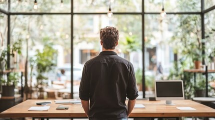 Man in a black shirt standing in a modern office space, contemplating work while surrounded by greenery