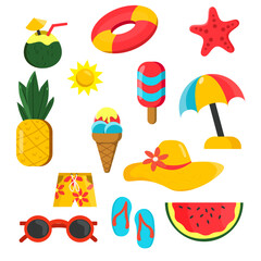 Colorful Summer Icon Set – A vibrant collection of flat-style summer elements including beach ball, pineapple, ice cream, sunhat, coconut drink, umbrella, swimsuit, flip flops, and more.