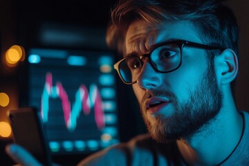 Focused Trader Analyzing Market Chart at Night