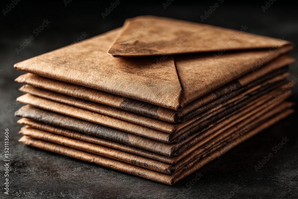 Poster stacked aged envelopes on a dark surface showcasing rustic texture and depth