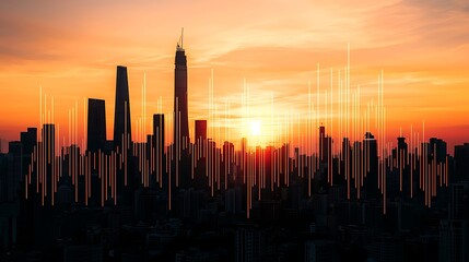 Fototapeta premium Stunning Cityscape Silhouette at Sunrise with Dynamic Data Visualization Overlay