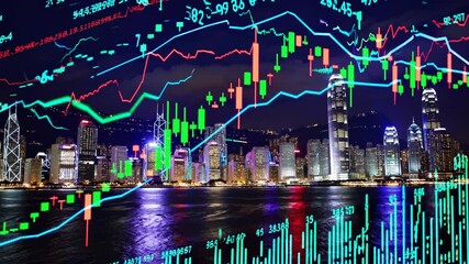 Hong kong's illuminated skyline at night provides a backdrop for dynamic, animated stock market charts, illustrating the city's crucial role in global finance - Powered by Adobe