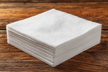 Stack of white paper napkins arranged neatly on a rustic wooden table for dining and catering needs