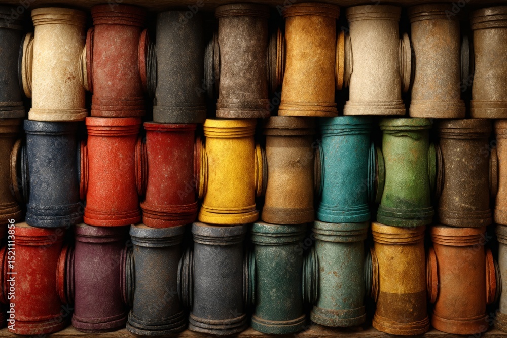 Poster colorful stacked pottery pieces in a vibrant array showcasing craftsmanship and texture
