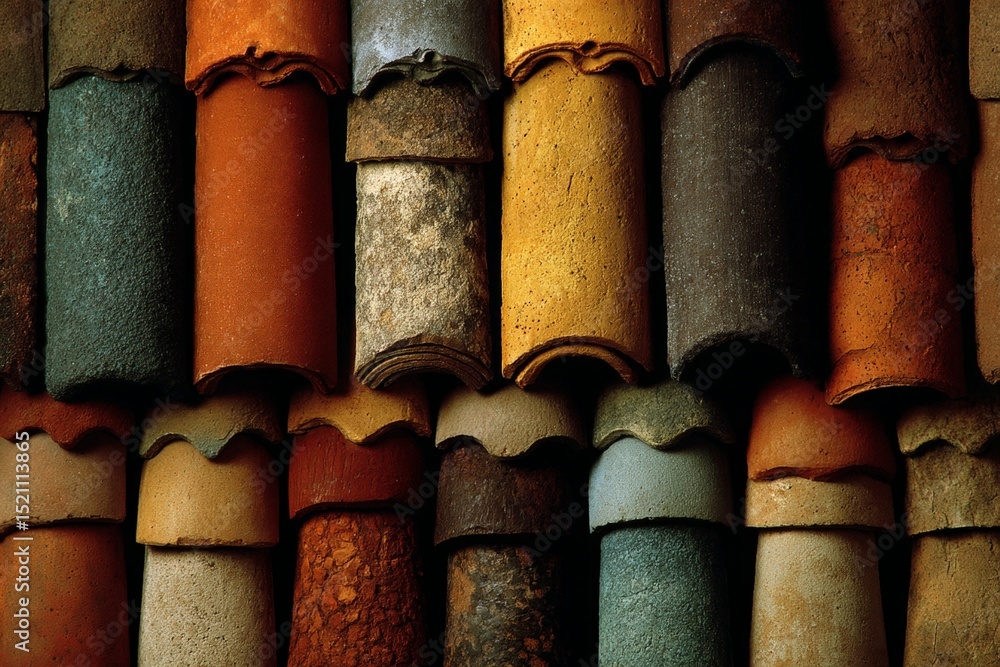 Poster vibrant layers of rustic clay tiles in earthy tones showcase craftsmanship on a building roof