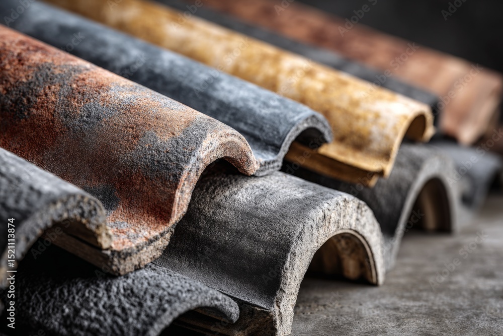 Poster Close-up view of various roofing materials showcasing texture and color variations in a workshop setting