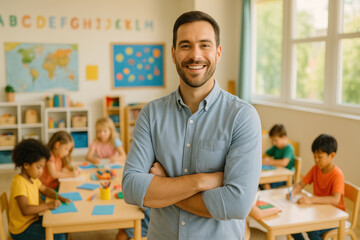 Fototapeta premium Confident Male Kindergarten Teacher Standing Proudly In Colorful Classroom With Young Children Learning