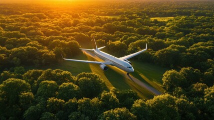 Aerial view of a modern airplane flying over lush green forests during a vibrant sunset