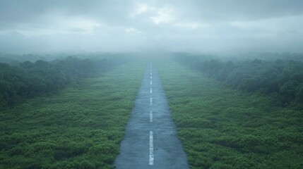 Serene fog-covered road stretching through lush greenery, evoking a sense of adventure and tranquility